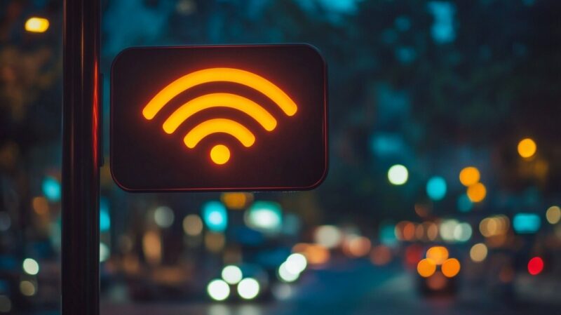 Glowing Wi-Fi symbol sign with a blurred city background at night