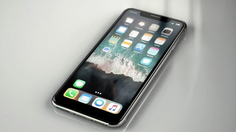 iPhone with home screen apps displayed on a light surface.