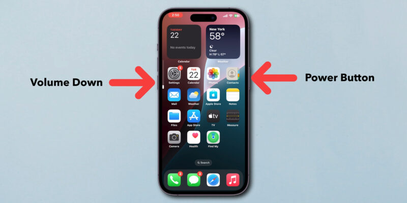 iPhone with red arrows showing how to force restart using Volume Down and Power buttons